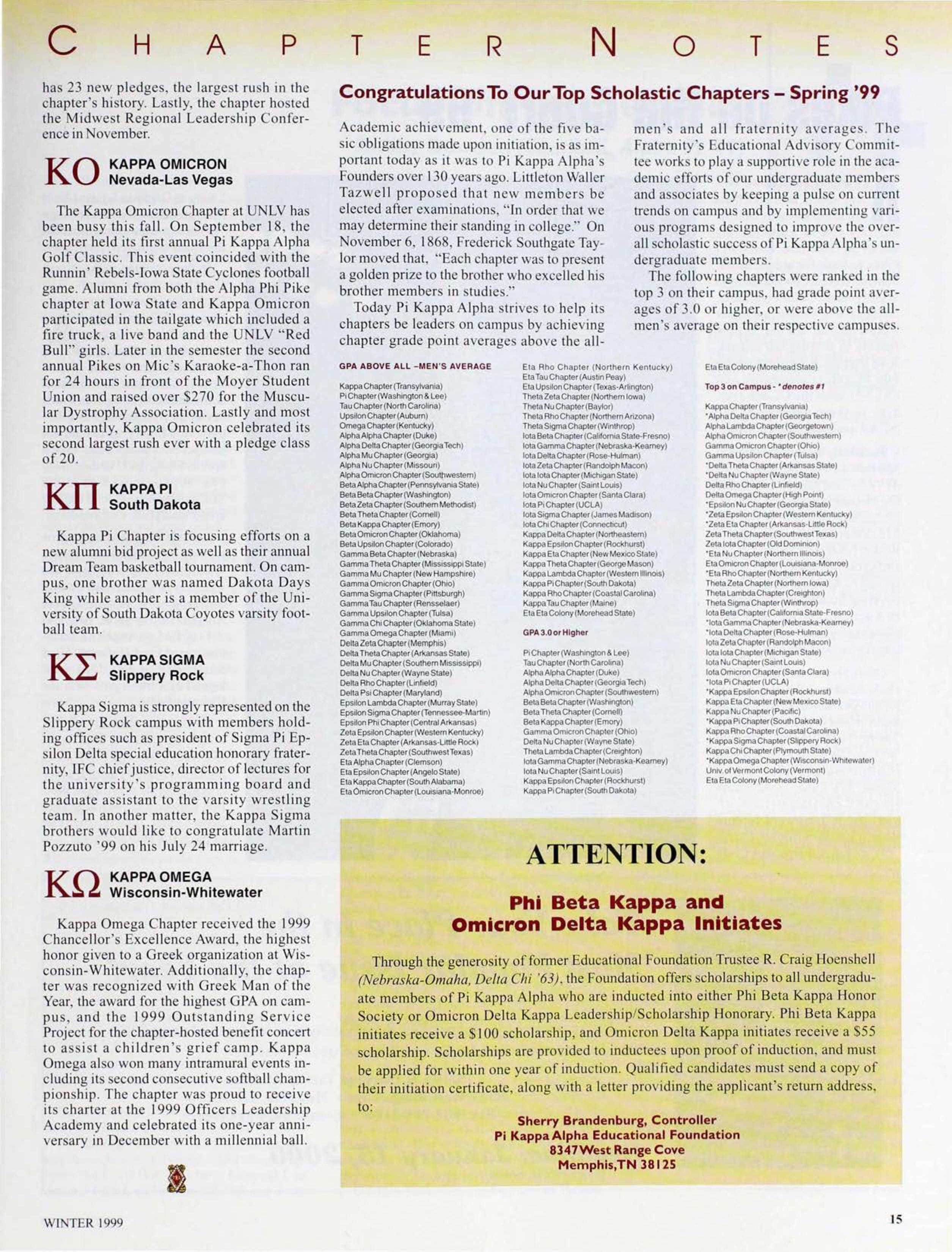 Congratulations to Our Top Scholastic Chapters - Spring '99